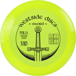A yellow VIP Sword disc golf disc.