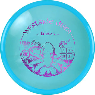 A turquoise VIP Tursas disc golf disc.