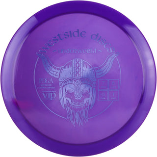 A purple VIP Underworld disc golf disc.