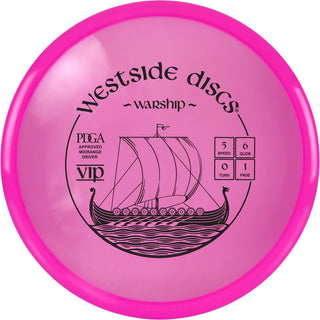 A pink VIP Warship disc golf disc.