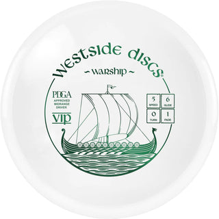 A white VIP Warship disc golf disc.