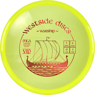 A yellow VIP Warship disc golf disc.