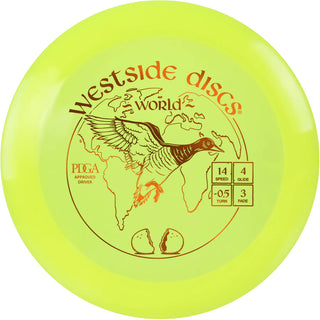 A yellow VIP World disc golf disc.