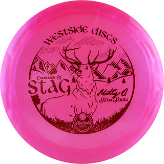 A pink VIP-X Chameleon Stag disc golf disc.
