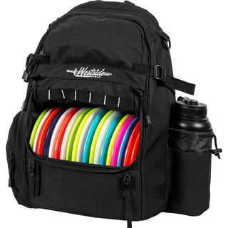 A black disc golf backpack made by Westside Discs.